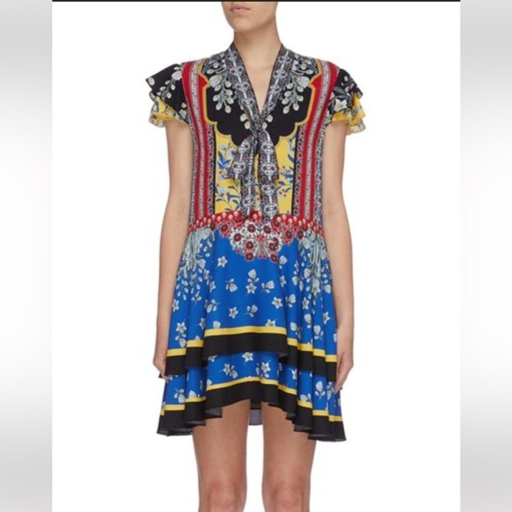 ✨ Alice + Olivia Moore Palace Daffodil Mix Print Tiered Mini Dress Neck Tie